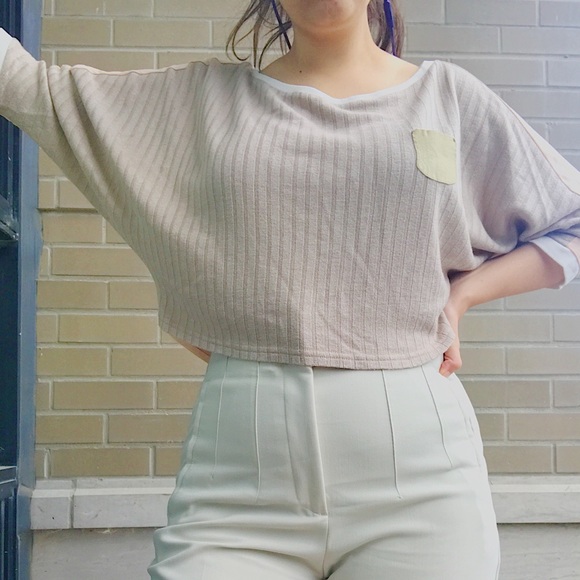 Unique Tan Knit and Chiffon Bat-wing Crop Blouse - Picture 4 of 10
